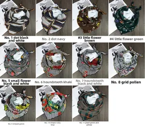 Vue à plat de plusieurs foulards à motifs pois, fleurs et pieds-de-poule élégants