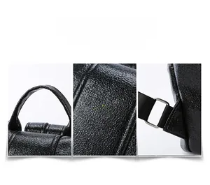 Detail of black leather backpack with lychee grain texture and durable metal buckles