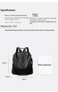 Detailed dimensions of the black PU leather backpack showing iPad size compatibility