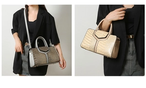 Détail du sac à main effet crocodile montrant la couture en Y et les deux poignées hautes