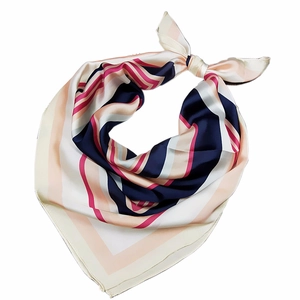 Elegant 70x70cm striped silk scarf with navy, pink, and cream diagonal patterns