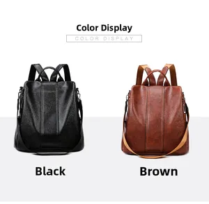Detail of minimalist leather backpacks in black and brown showing lychee grain texture