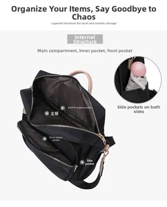 Structure interne détaillée d'un sac à dos en nylon noir à grande capacité et poches