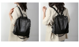 Dual view of a chic black leather anti-theft backpack for women in urban commuting style