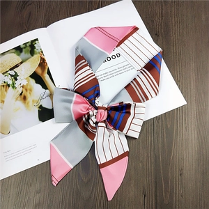 Elegant geometric patchwork silk skinny scarf in pink and grey for hair or bags