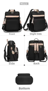 Vues détaillées sous plusieurs angles du sac à dos en nylon noir avec bordures beige