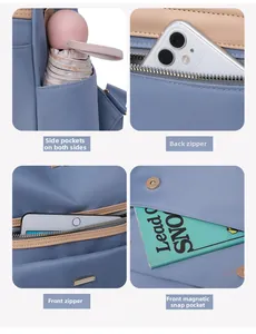 Vue détaillée du sac à dos bleu avec rangements pour téléphone, tablette et parapluie