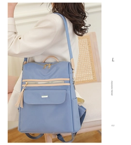 Détails du sac à dos en nylon bleu clair avec lanières brunes et zips dorés chics