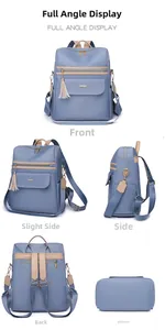 Vue sous cinq angles d'un sac à dos en nylon bicolore avec des détails de glands