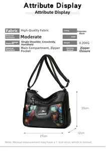 Detailed technical diagram showing dimensions 27x20x12cm for this black floral handbag