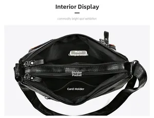 Close-up of the internal compartments and functional divider structure of the black bag