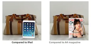 Grote gestreepte canvas tote tas, maatvergelijking met iPad en A4-tijdschrift voor pendel