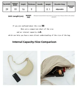 Size guide for nylon crossbody bag with adjustable strap and interior space capacity details