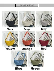 Detailed color display of nylon crescent bags in eight solid vibrant and neutral tones