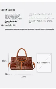 Ensemble de 3 sacs à main marron motif crocodile en cuir PU avec dimensions détaillées