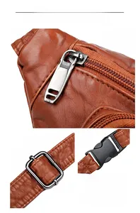 Detailed views of brown pebble leather bag showing metal zippers and strap buckle