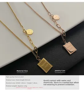 Detail of titanium steel lucky tag necklace with Good Luck engraving and size specs