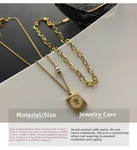 Detail of double-layer titanium steel necklace with square queen coin pendant in gold