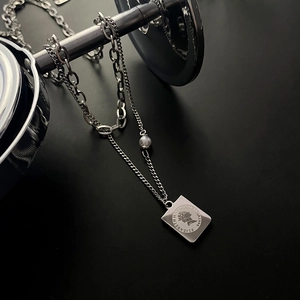Double Layer Stainless Steel Necklace Rectangular Portrait Coin Pendant Faux Artificial Pearl Vintage Layered Chain For Women