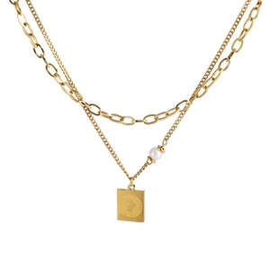 Double-layered golden titanium steel necklace featuring a square queen coin pendant and pearl