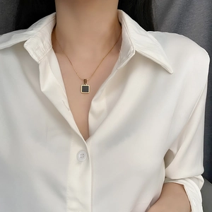Square Black Enamel Pendant Necklace Titanium Steel Beaded Chain Gold Plated Elegant Minimalist Geometric Jewelry For Women