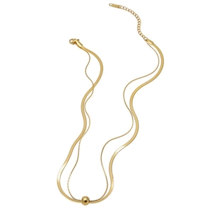 Double layered gold titanium steel necklace featuring snake chain and small bead pendant