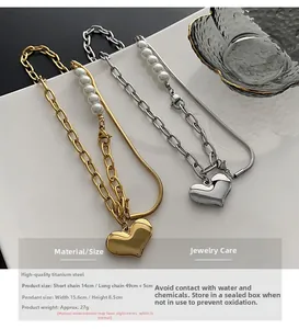 Detailed size specifications for pearl and titanium steel heart pendant necklace with care tips