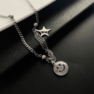 Smile Face Star Pendant Necklace Titanium Steel Silver Color Bead Chain Trendy Clavicle Jewelry For Women