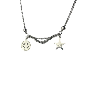 Silver stainless steel double chain necklace with smiling face and star lucky pendants