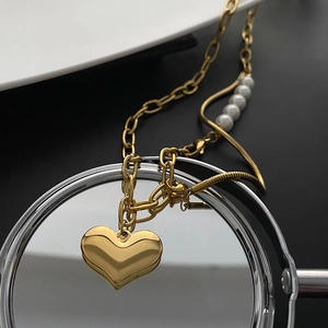 Heart Pendant Necklace Stainless Steel With Artificial Pearl Double Layered Clavicle Chain Hip Hop Asymmetrical Jewelry For Women