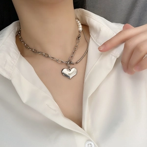 Titanium steel heart pendant necklace with layered pearl and silver chain for women