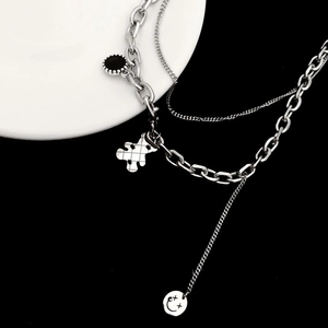 Double-layer silver titanium steel necklace with bear and smiley face pendants