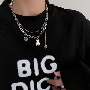 Double Layer Necklace Stainless Steel Bear Pendant Checkerboard Pattern Smiley Face Streetwear Y2K Jewelry For Women