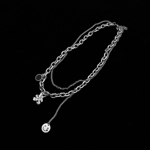 Double-layer stainless steel bear necklace with black enamel disc and smiley face charm