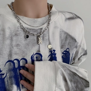 Double layer titanium steel necklace with black bear pendant and XX smiley face