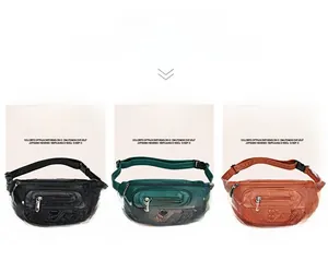 Detailed view of casual waist bags in black, green, and brown with heart-embossed patterns