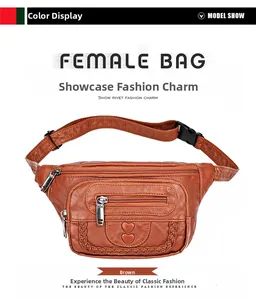 Detailed view of brown faux leather waist bag with heart embossing and woven trim edges