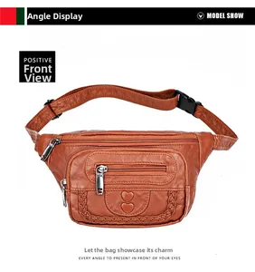 Brown faux leather waist bag detailing with heart embossing and woven trim texture