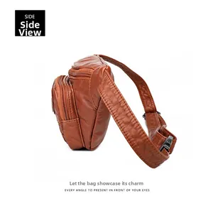 Side view of brown faux leather waist bag showing multiple zippers and lychee texture