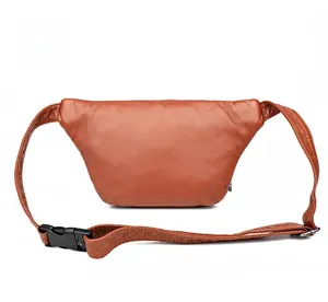 Detailed back view of a brown pebbled leather fanny pack with adjustable strap and buckle