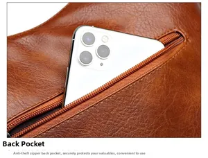 Détail de la poche zippée antivol au dos d'un sac en cuir marron avec un smartphone