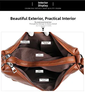 Vue interne d'un sac bandoulière en PU marron montrant plusieurs poches et compartiments