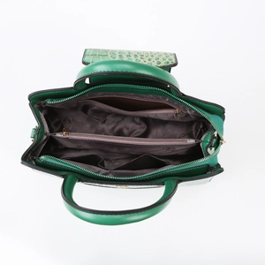 Sac à main vert foncé à motif crocodile avec structure intérieure à trois couches