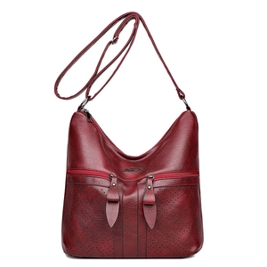 Grand sac à bandoulière rétro bordeaux en cuir PU avec zips et motifs ajourés