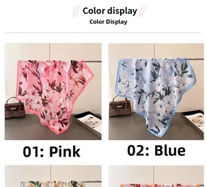 Détails de foulards en soie à imprimé floral rose et bleu avec un drapé élégant
