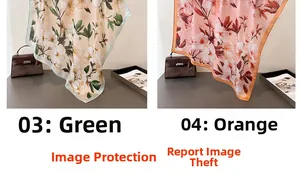 Détail de foulards carrés en soie synthétique aux motifs floraux vert et orange élégants