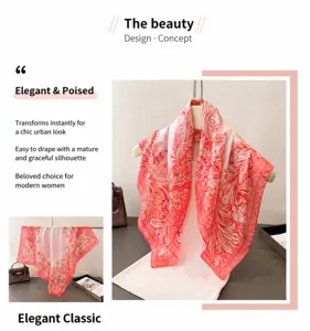 Detailed shot of pink floral silk scarf showing satin texture and elegant classic patterns
