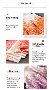Detail of floral imitation silk scarf showing fine printing and delicate hemmed edges