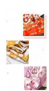 Detailed view of luxury silk satin scarves with chain prints and precise hem stitching