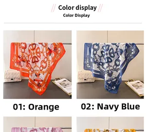 Detail showing chain and bow print patterns on orange and navy blue silk squares
